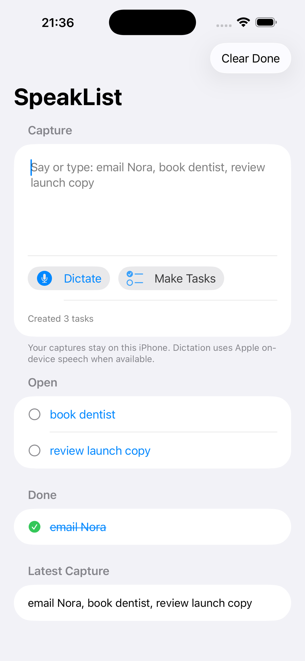 SpeakList Capture showing a completed task
