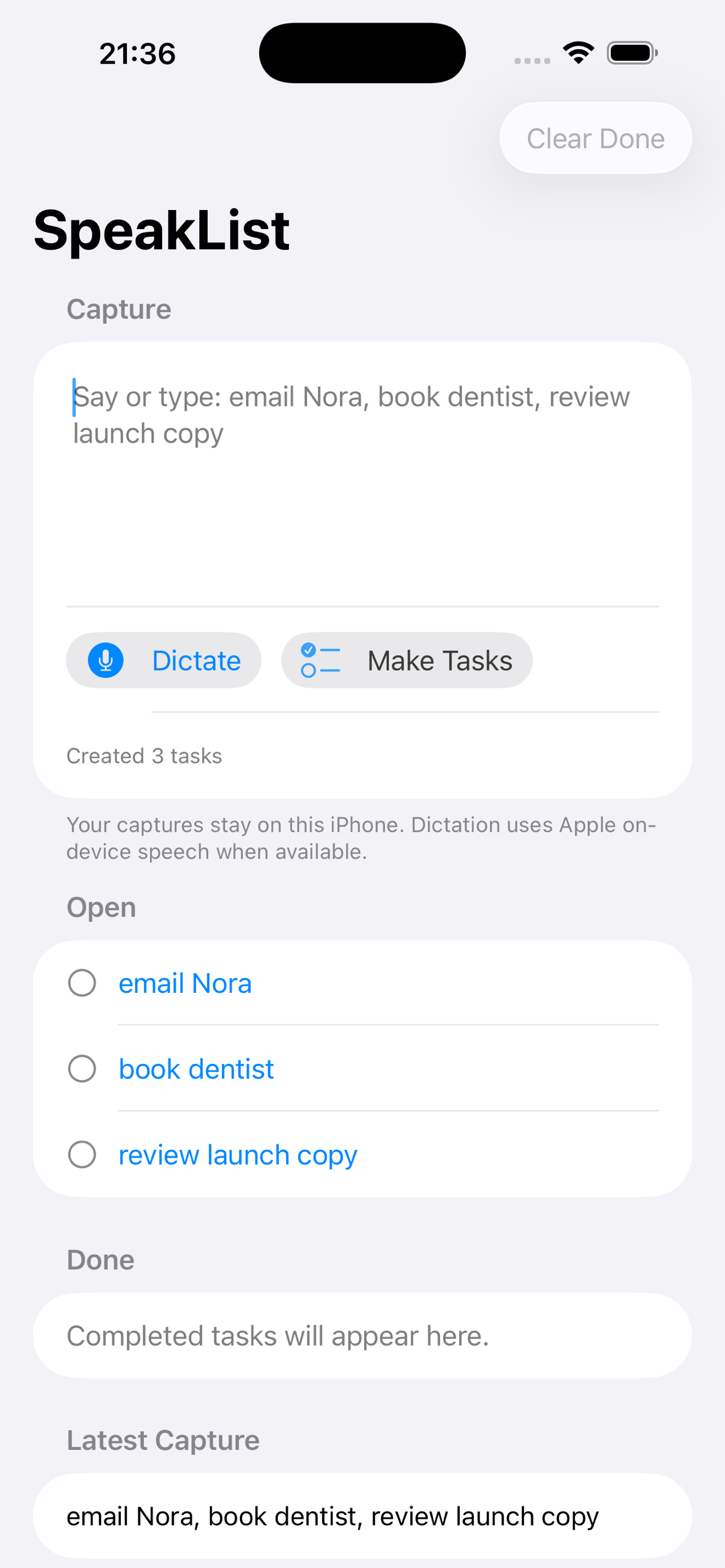 SpeakList Capture showing extracted tasks